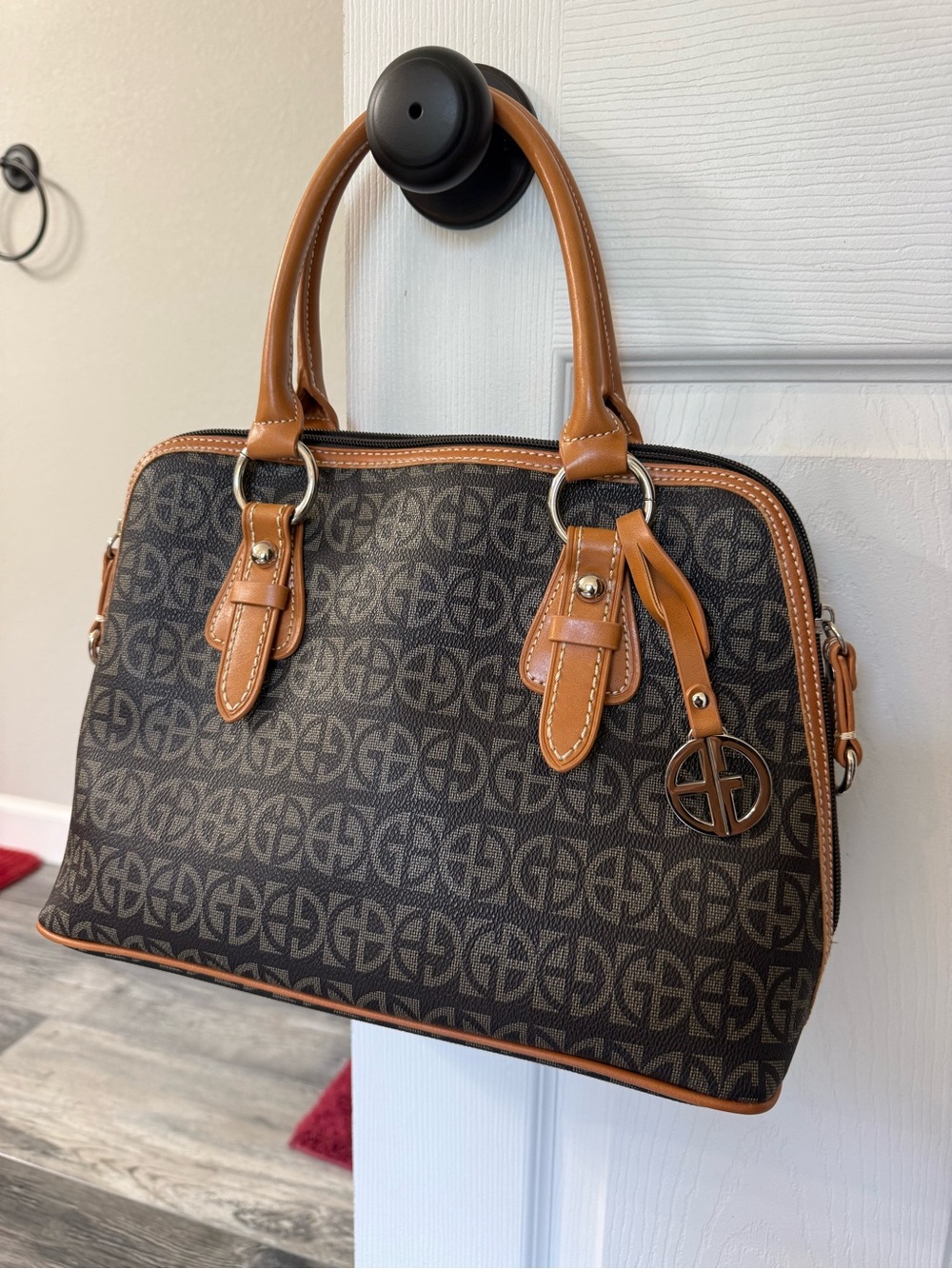 Giani Bernini Black Monogram Satchel with Tan Trim